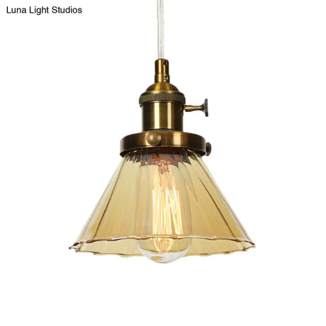 Height-Adjustable 1-Light Industrial Conic Pendant Lamp With Amber/Clear Glass For Coffee Shops -