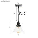 Height-Adjustable 1-Light Industrial Conic Pendant Lamp With Amber/Clear Glass For Coffee Shops -