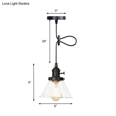 Height-Adjustable 1-Light Industrial Conic Pendant Lamp With Amber/Clear Glass For Coffee Shops -