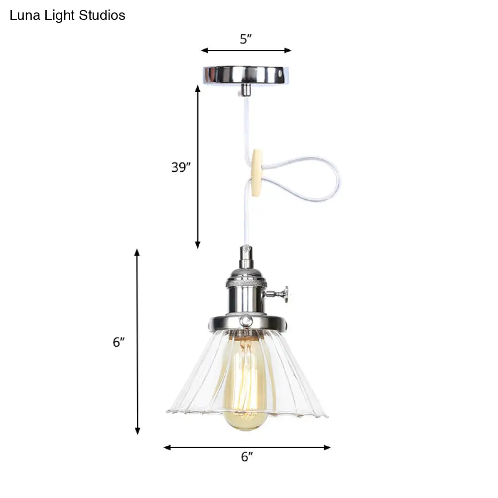 Height-Adjustable 1-Light Industrial Conic Pendant Lamp With Amber/Clear Glass For Coffee Shops -