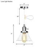 Height-Adjustable 1-Light Industrial Conic Pendant Lamp With Amber/Clear Glass For Coffee Shops -