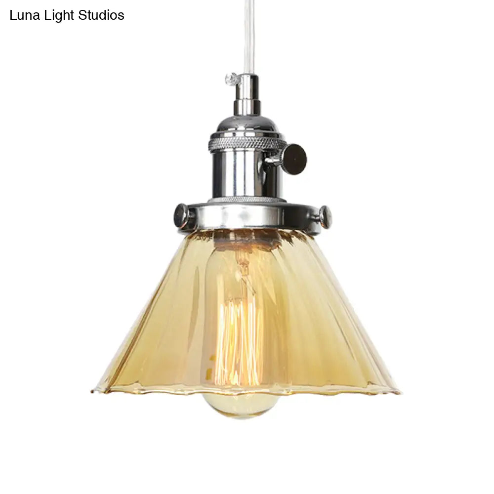 Height-Adjustable 1-Light Industrial Conic Pendant Lamp With Amber/Clear Glass For Coffee Shops -