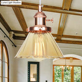 Height-Adjustable 1-Light Industrial Conic Pendant Lamp With Amber/Clear Glass For Coffee Shops -