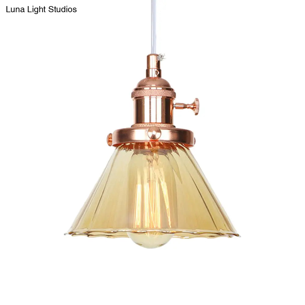 Height-Adjustable 1-Light Industrial Conic Pendant Lamp With Amber/Clear Glass For Coffee Shops -