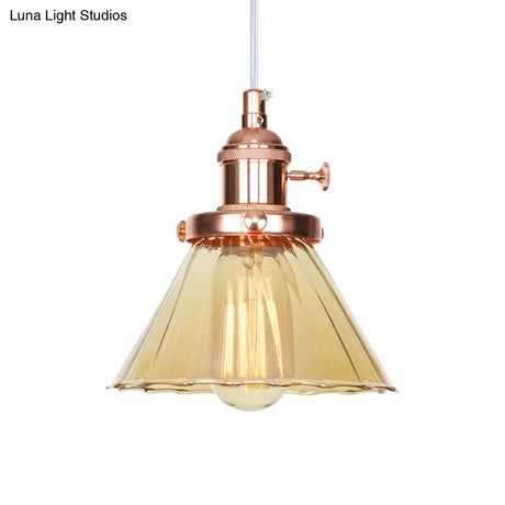 Height-Adjustable 1-Light Industrial Conic Pendant Lamp With Amber/Clear Glass For Coffee Shops -