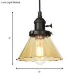 Height-Adjustable 1-Light Industrial Conic Pendant Lamp With Amber/Clear Glass For Coffee Shops -