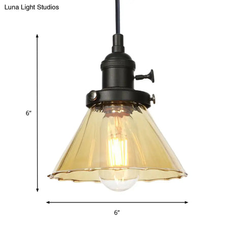 Height-Adjustable 1-Light Industrial Conic Pendant Lamp With Amber/Clear Glass For Coffee Shops -