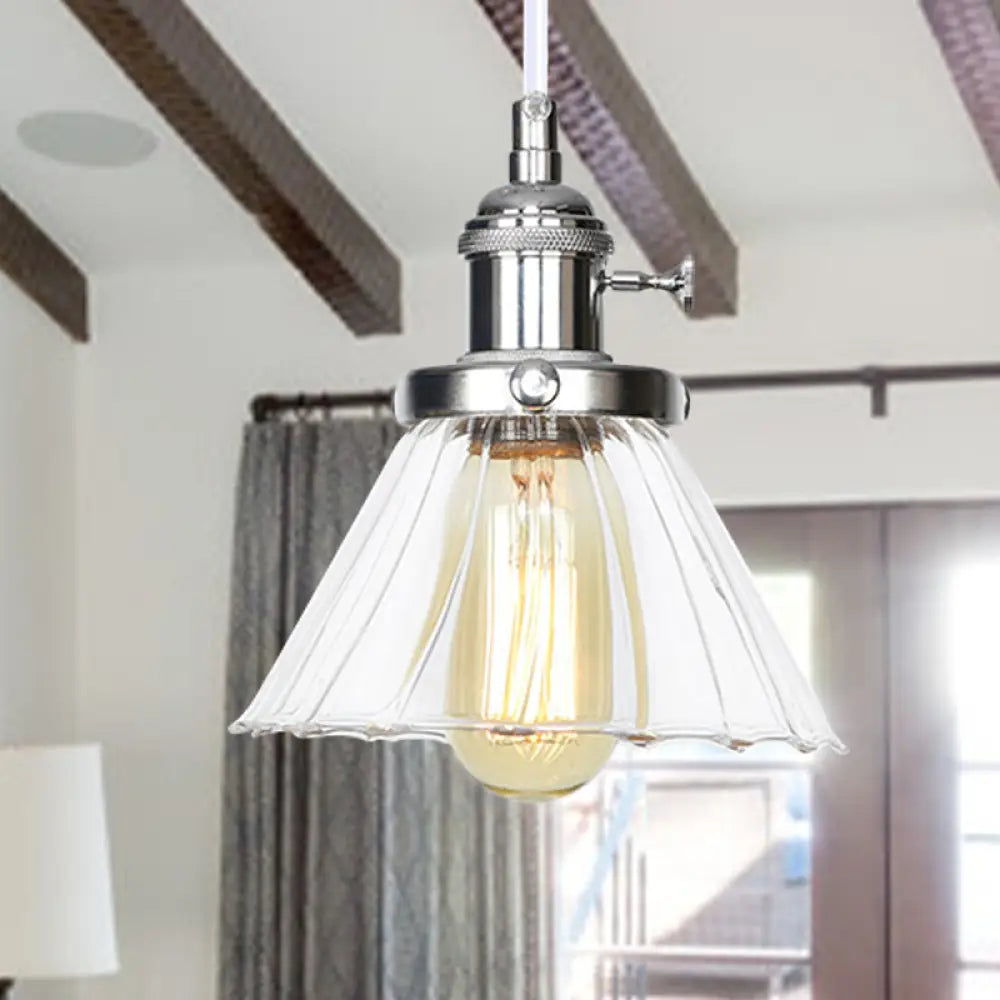 Height-Adjustable 1-Light Industrial Conic Pendant Lamp With Amber/Clear Glass For Coffee Shops -