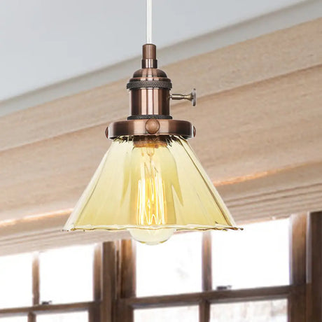 Height-Adjustable 1-Light Industrial Conic Pendant Lamp With Amber/Clear Glass For Coffee Shops -