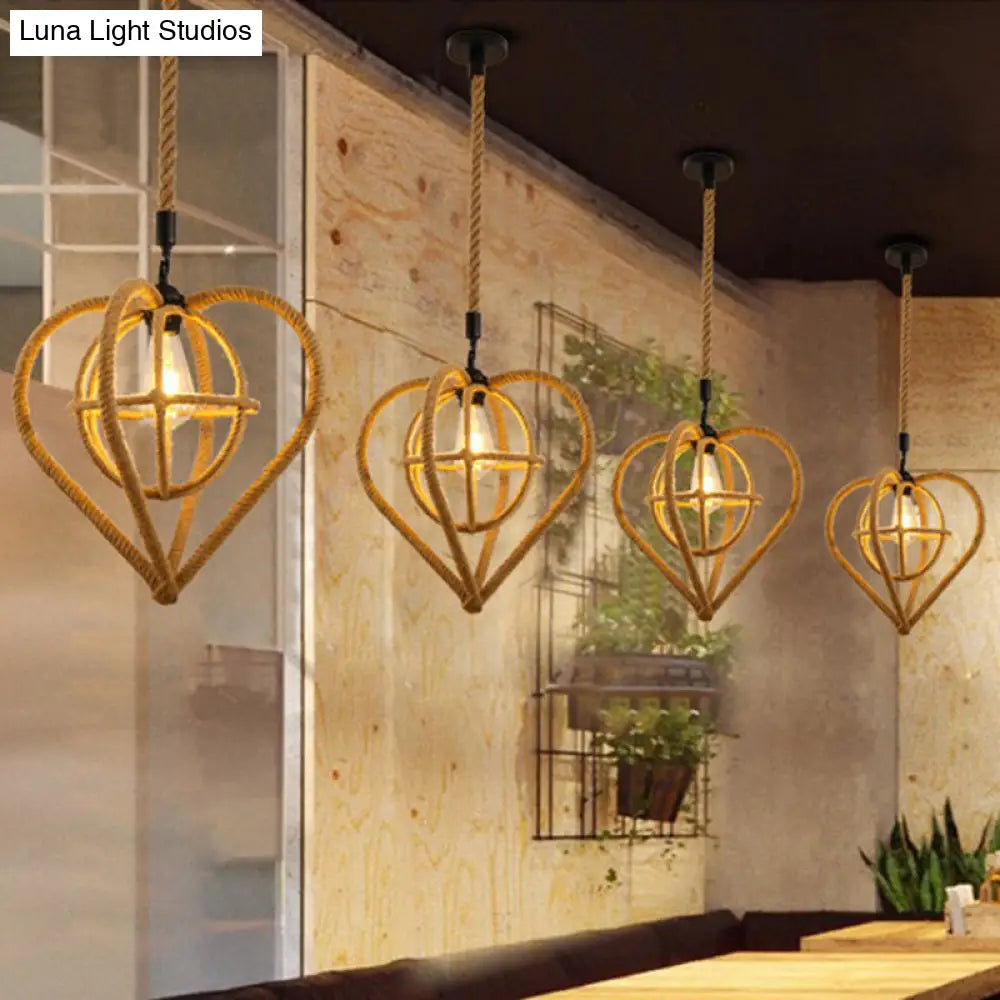Hemp Rope Caged Pendant Light - Vintage Single-Bulb Hanging Fixture For Restaurants In Brown