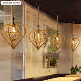 Hemp Rope Caged Pendant Light - Vintage Single-Bulb Hanging Fixture For Restaurants In Brown