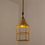 Hemp Rope Caged Pendant Light - Vintage Single-Bulb Hanging Fixture For Restaurants In Brown / E