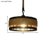 Hemp Rope Drum Pendant Light Country Style 12’/16’ Wide 1-Head Restaurant Hanging Lamp Beige