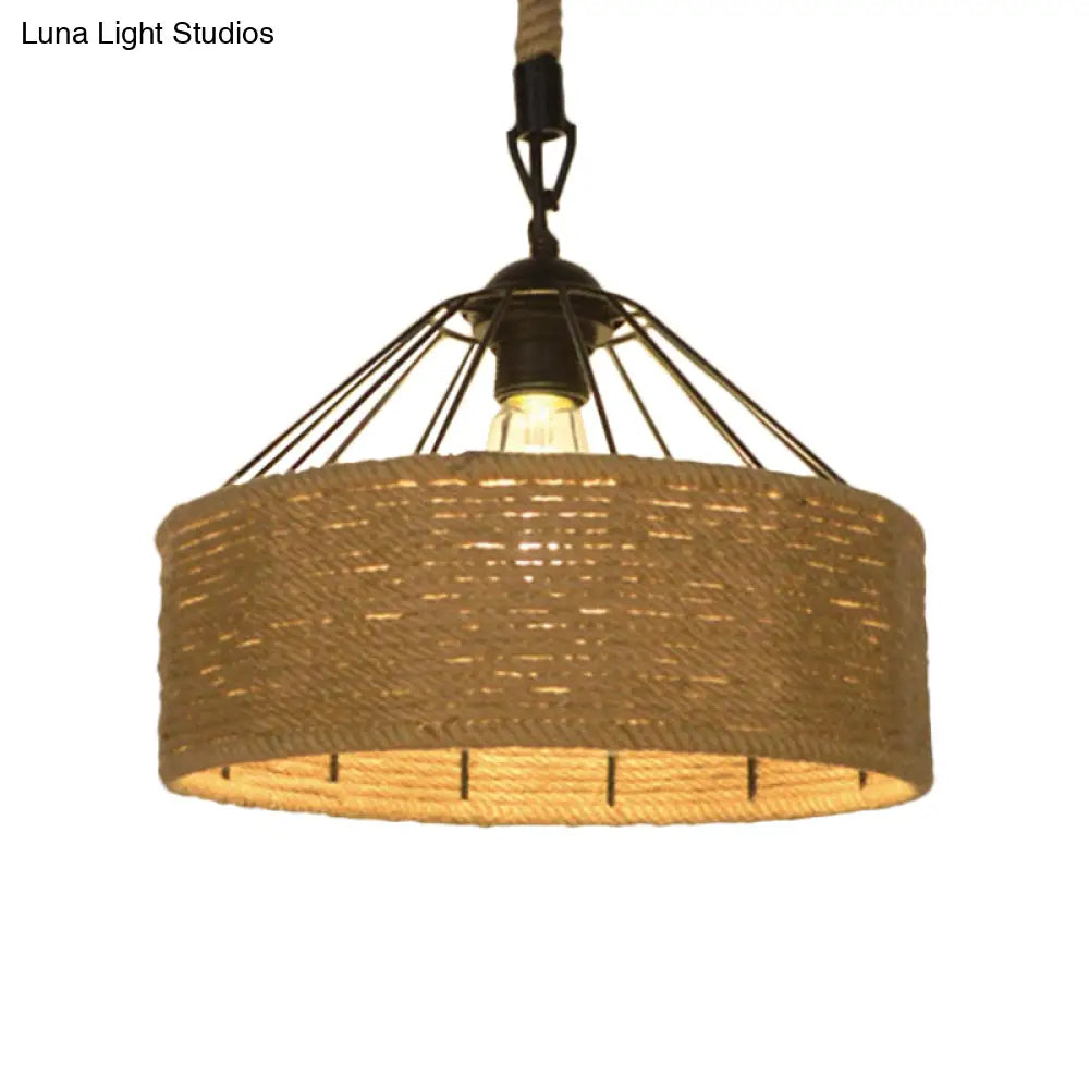 Hemp Rope Drum Pendant Light Country Style 12’/16’ Wide 1-Head Restaurant Hanging Lamp Beige