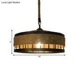 Hemp Rope Drum Pendant Light Country Style 12’/16’ Wide 1-Head Restaurant Hanging Lamp Beige