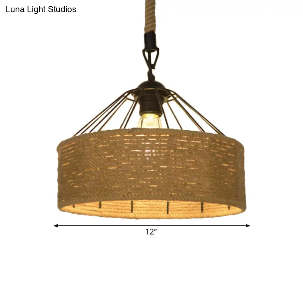 Hemp Rope Drum Pendant Light Country Style 12’/16’ Wide 1-Head Restaurant Hanging Lamp Beige