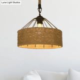 Hemp Rope Drum Pendant Light Country Style 12’/16’ Wide 1-Head Restaurant Hanging Lamp Beige