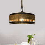 Hemp Rope Drum Pendant Light Country Style 12’/16’ Wide 1-Head Restaurant Hanging Lamp Beige / 16’ B
