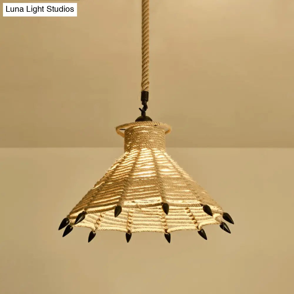 Hemp Rope Pendant Light - Antique 1-Light Fixture In Brown For Restaurants