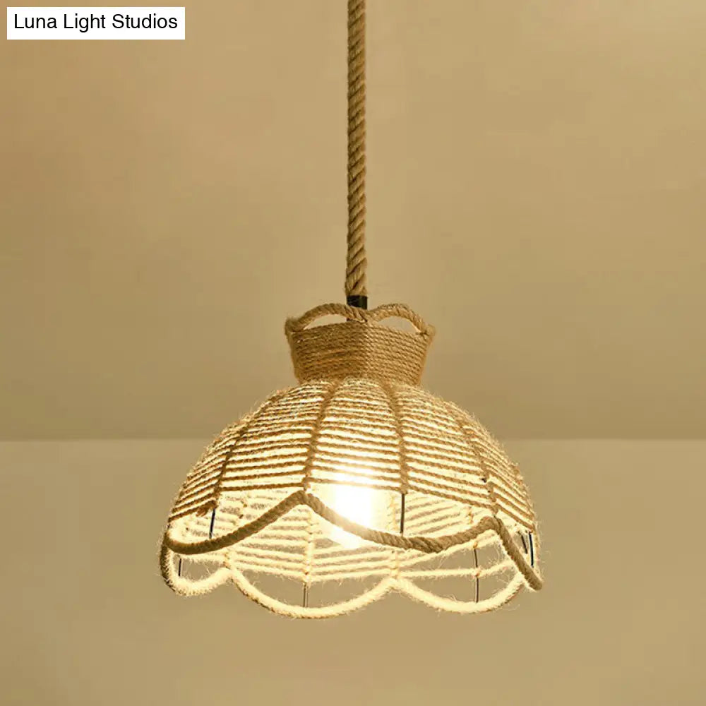 Hemp Rope Pendant Light - Antique 1-Light Fixture In Brown For Restaurants