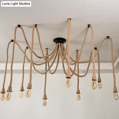 Hemp Rope Spider Chandelier - Rustic Flaxen Lighting For Restaurants