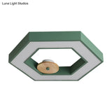 Hexagon Frame Metallic Led Macaron Flush Mount Ceiling Lighting In Green/Grey/Black And Wood For