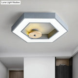 Hexagon Frame Metallic Led Macaron Flush Mount Ceiling Lighting In Green/Grey/Black And Wood For