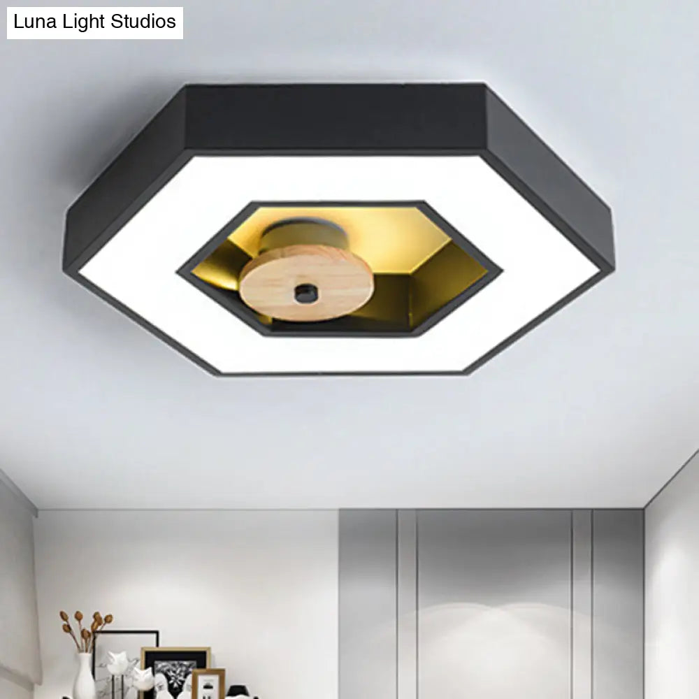 Hexagon Frame Metallic Led Macaron Flush Mount Ceiling Lighting In Green/Grey/Black And Wood For