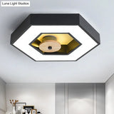 Hexagon Frame Metallic Led Macaron Flush Mount Ceiling Lighting In Green/Grey/Black And Wood For