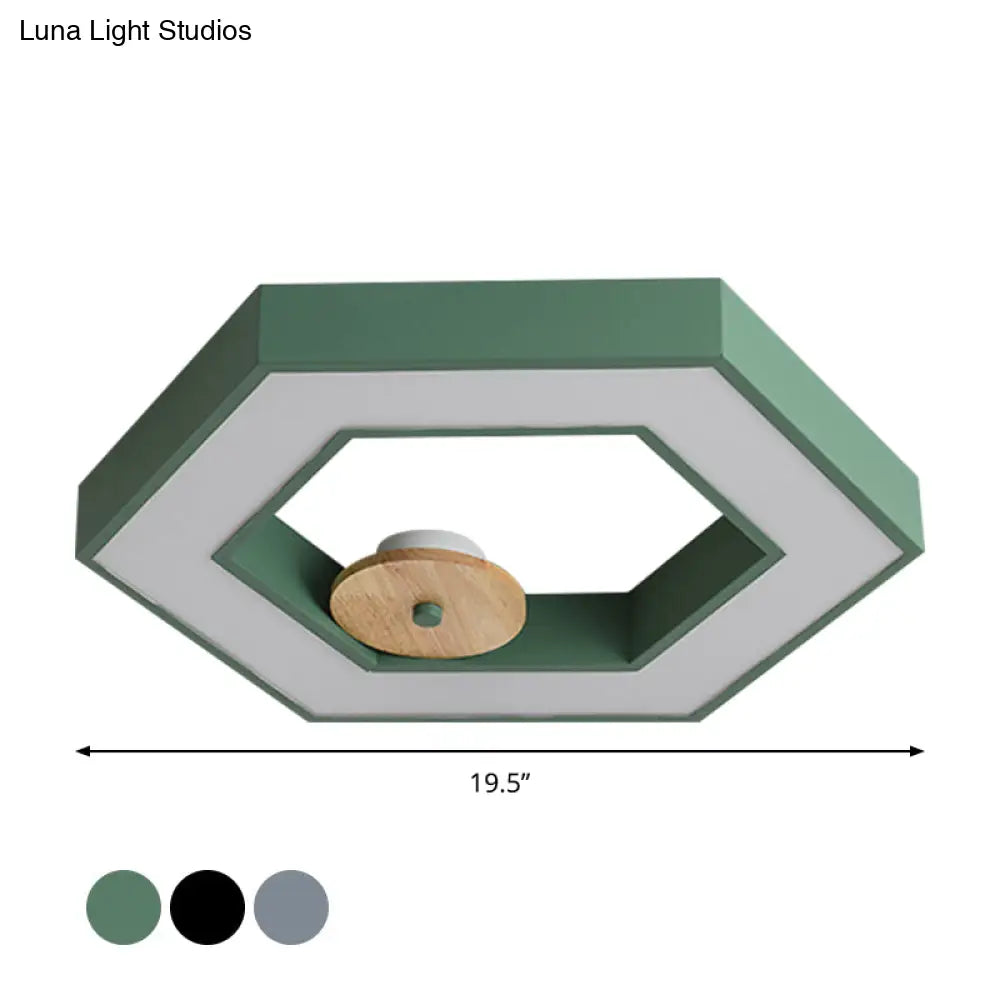 Hexagon Frame Metallic Led Macaron Flush Mount Ceiling Lighting In Green/Grey/Black And Wood For