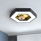 Hexagon Frame Metallic Led Macaron Flush Mount Ceiling Lighting In Green/Grey/Black And Wood For