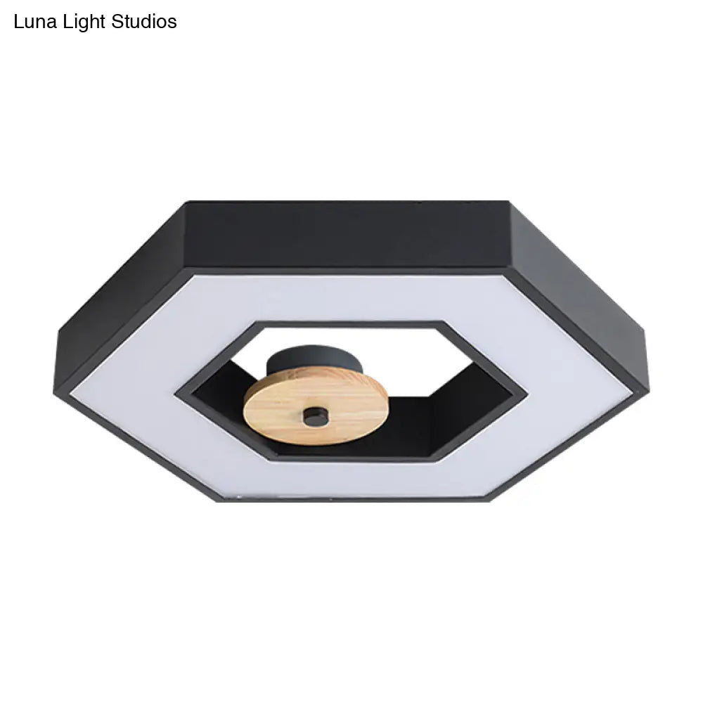Hexagon Frame Metallic Led Macaron Flush Mount Ceiling Lighting In Green/Grey/Black And Wood For