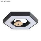 Hexagon Frame Metallic Led Macaron Flush Mount Ceiling Lighting In Green/Grey/Black And Wood For