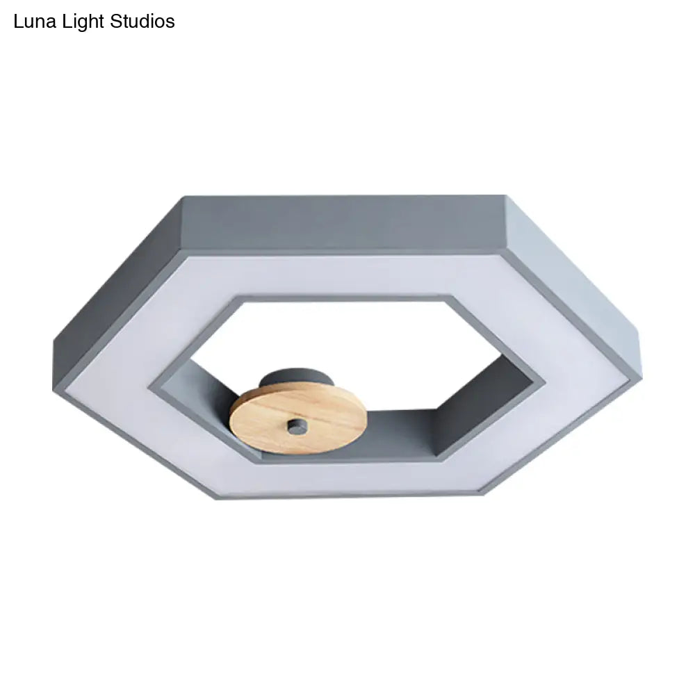 Hexagon Frame Metallic Led Macaron Flush Mount Ceiling Lighting In Green/Grey/Black And Wood For