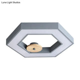 Hexagon Frame Metallic Led Macaron Flush Mount Ceiling Lighting In Green/Grey/Black And Wood For