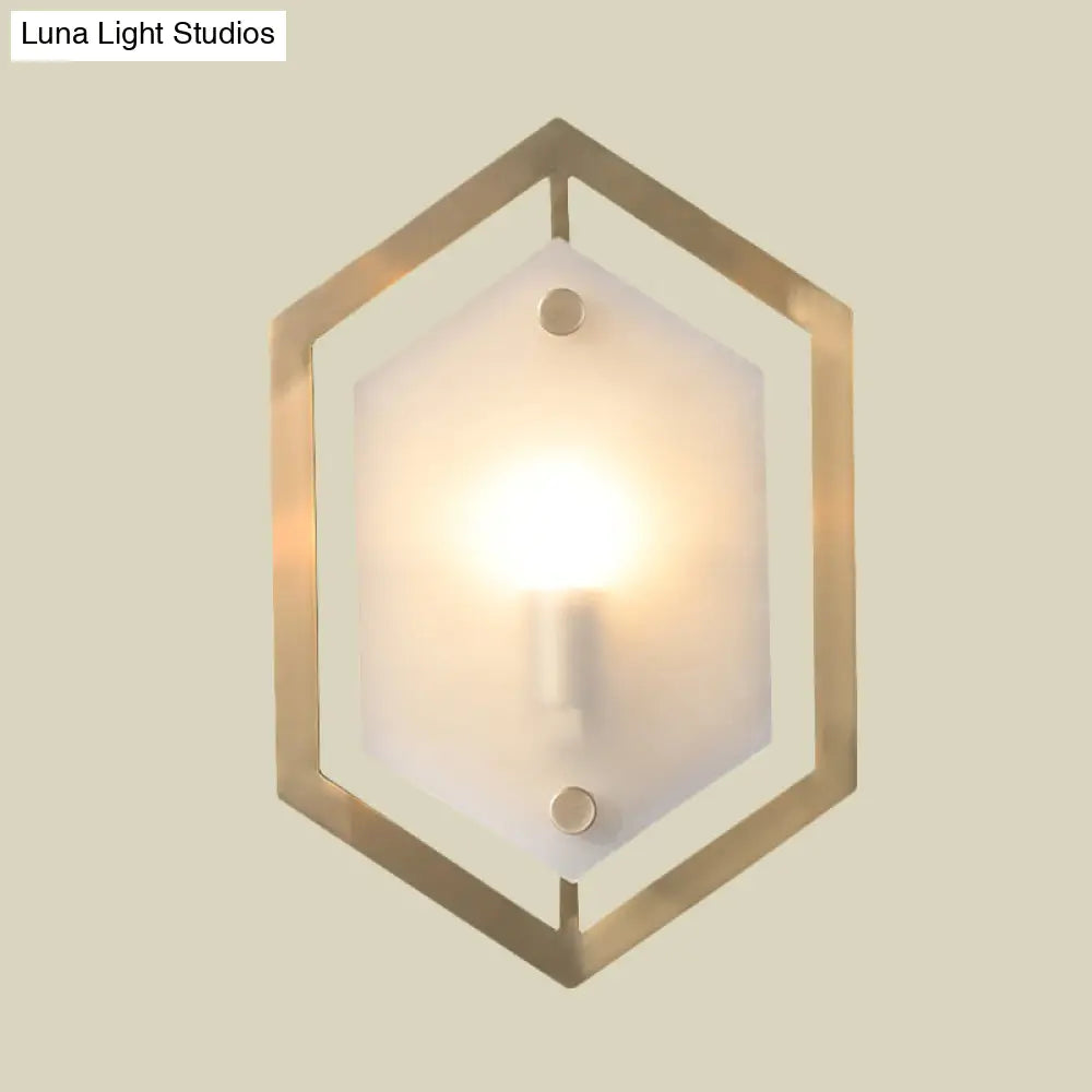 Hexagon Sconce Lighting: Postmodern Metallic 1-Bulb Brass Wall Lamp With Translucent Glass Shade