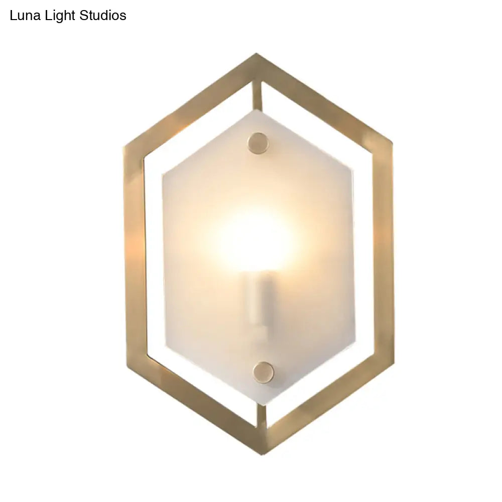 Hexagon Sconce Lighting: Postmodern Metallic 1-Bulb Brass Wall Lamp With Translucent Glass Shade