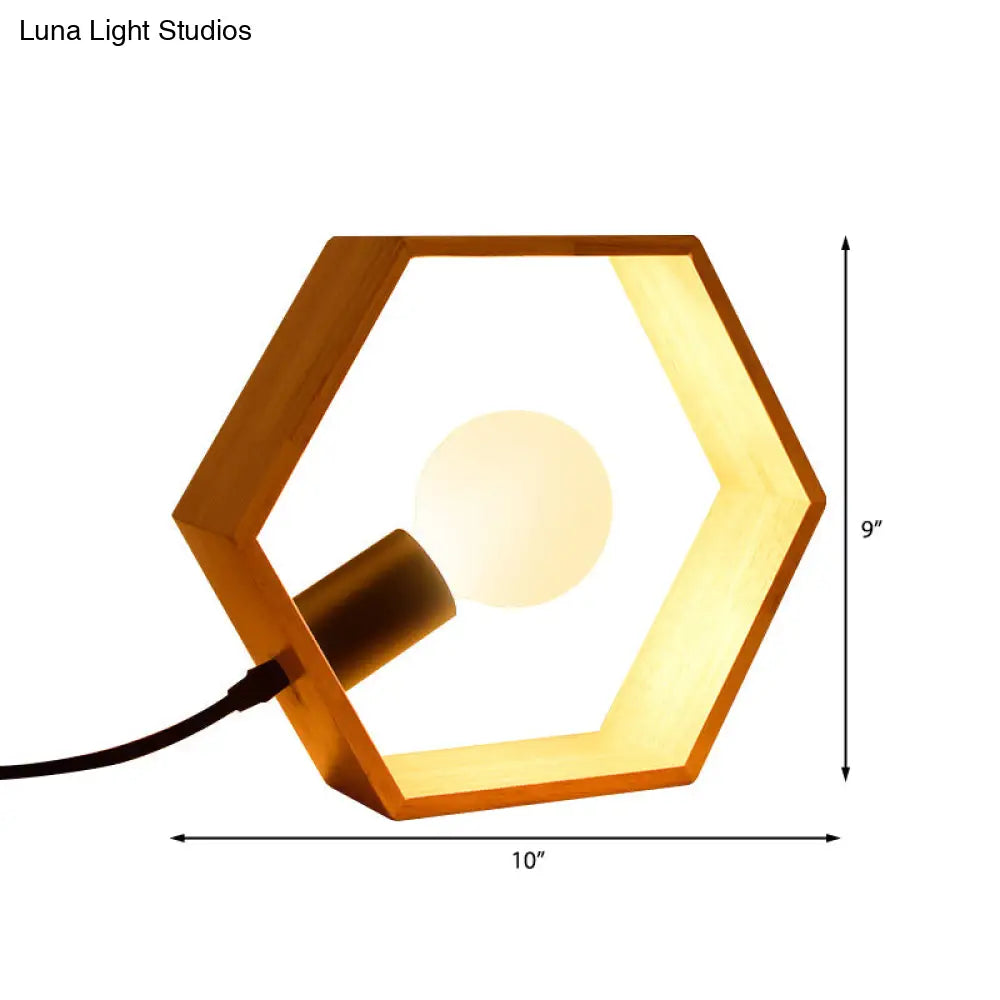 Hexagon Table Lamp With Lodge Style Wood Frame Shade - Stylish Bedside Lighting