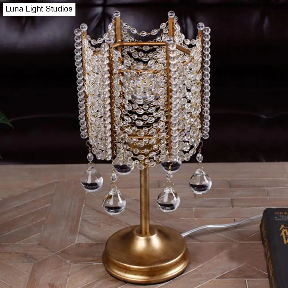 Hexagonal Crystal Strand Table Light - Traditional Bedroom Nightstand Lighting In Silver/Gold