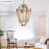 Hexagonal Pendant Chandelier: 3-Light Rustic Antiqued Gold Crystal Lighting For Living Room