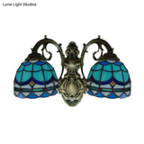 High Dome-Shaped Wall Mount Tiffany Style Stained Glass 2-Light Sconce In Blue 8.5/11
