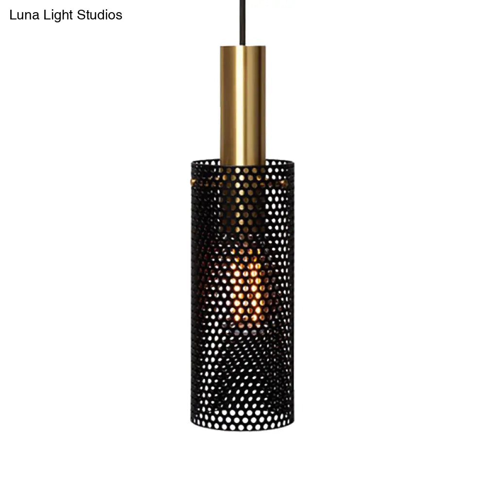 Hollow Design Cylinder Hanging Lamp - Black/White Metal Pendant With 1 Light