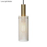 Hollow Design Cylinder Hanging Lamp - Black/White Metal Pendant With 1 Light