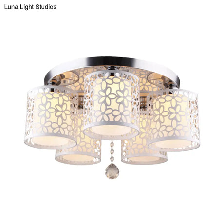 Hollow - Out Cylinder Ceiling Flush Mount With White Finish And Cream Glass Shade - Modern 5 - Head