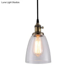 Industrial 1 Bulb Hanging Pendant Lamp With Clear Glass Bell Shade And Bronze/Brass/Copper Top For