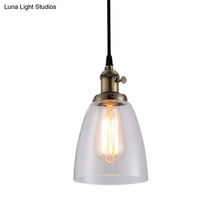 Industrial 1 Bulb Hanging Pendant Lamp With Clear Glass Bell Shade And Bronze/Brass/Copper Top For