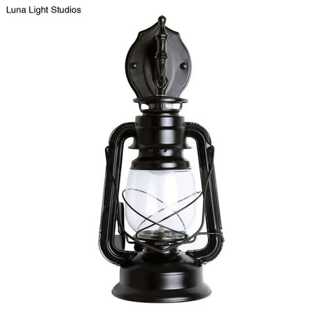 Industrial 1-Light Wall Lamp With Lantern Glass Shade In Black