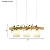 Industrial 3-Light Hanging Pendant For Coffee Shop With Milky Glass Cylinder Wooden Stick And Bird