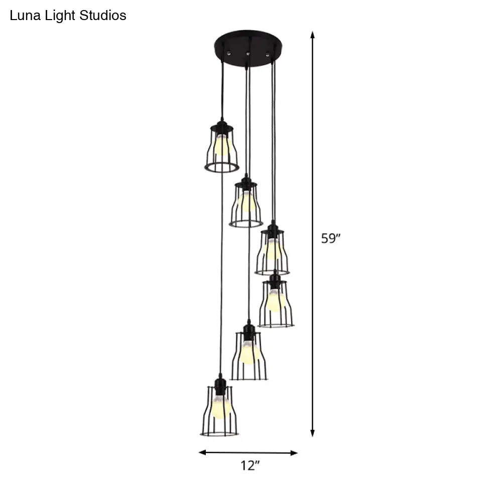 Industrial 6-Head Stair Suspended Pendant Lamp - Iron Wire Cage Multi Ceiling Light In Black