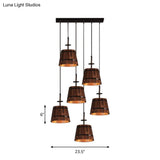 Industrial 6-Light Wooden Tapered Shade Pendant Light In Brown For Coffee Shop